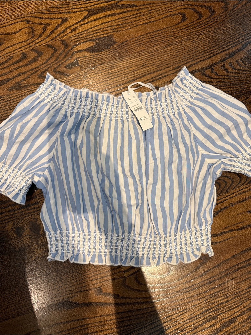 J. Crew Blue and White Striped Off-Shoulder Smocked Crop Top